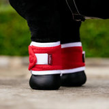 Red horse boots with white accents on a blurred outdoor background