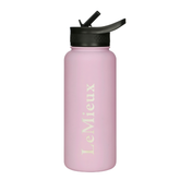 Pink water bottle with black lid and 'LeMieux' branding on a white background