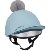 Light blue riding hat cover with a pom pom on a white background