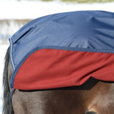 Blue exercise sheet with red fleece inner lining on a horse