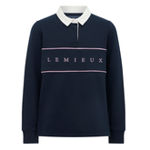 Navy blue rugby shirt with white collar and 'LEMIEUX' branding on a white background
