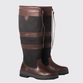 Brown and dark brown country boots with a visible brand logo on a light grey background