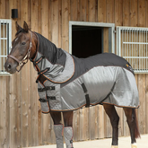 Horse wearing a grey and rug in front of a wooden stable.