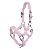 Pink horse headcollar with metallic hardware on a white background