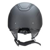 Black riding helmet with black chin strap on a white background