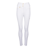 White riding breeches with gold buttons on a white background
