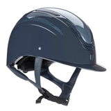Navy blue riding helmet with a visor on a white background