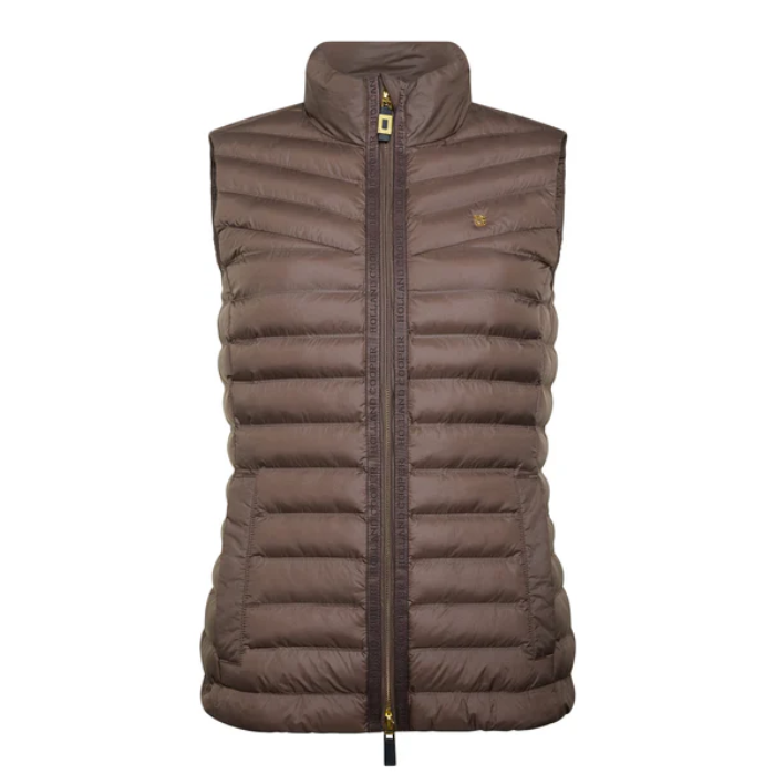 Brown puffer gilet on a white background