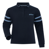 Navy long-sleeve polo shirt with white stripes on sleeves and 'LeMieux' branding on a white background