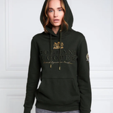 Person wearing a dark green hoodie with 'Holland Cooper' branding on a white background