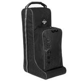 Black boot bag with textured design and visible brand logo on a white background