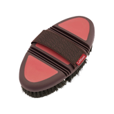 Brown and red horse brush with black bristles on a white background