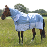 Horse wears a blue fly rug standing in a grassy field