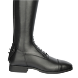 Close-up of a black leather riding boot on a white background