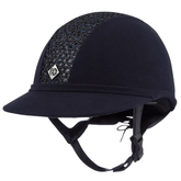 Navy blue riding helment with sparkle front section on a white background