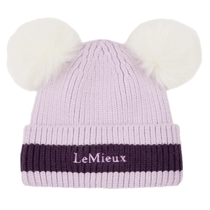 Lilac beanie hat with two white pom poms against a white background