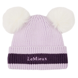 Lilac beanie hat with two white pom poms against a white background