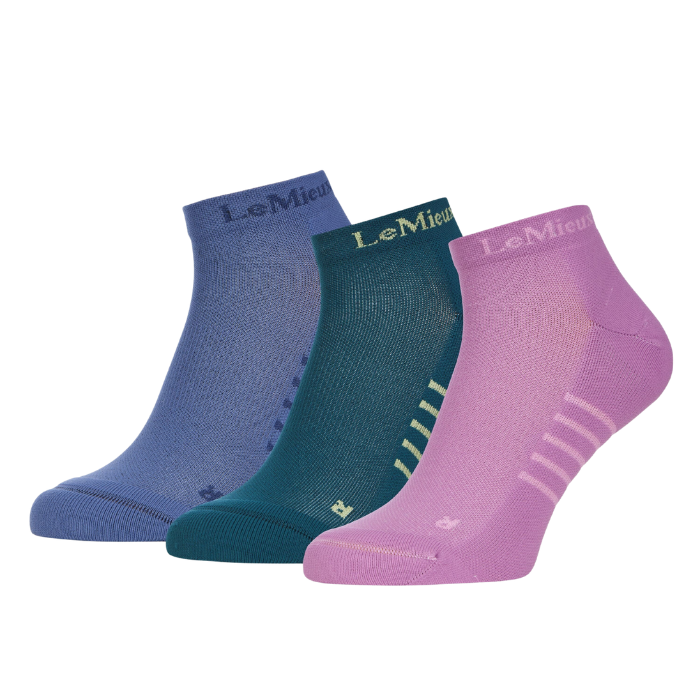 Three pairs of socks in blue, green, and pink with 'Le Mieux' branding on a white background.