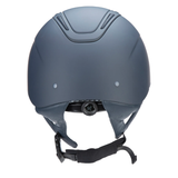 Navy helmet with black chin strap on a white background