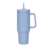 Light blue insulated tumbler with handle and straw lid on a white background