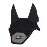 Black ear bonnet with grey patch on a white background