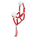 Red horse halter with white faux fur elements and a leadrope on a white background