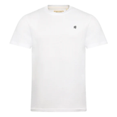 White t-shirt with a small logo on a white background