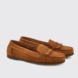Pair of brown loafers with tassels on a light grey background
