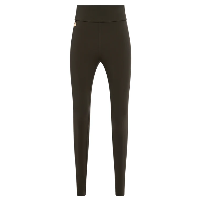 Pair of olive green leggings on a white background