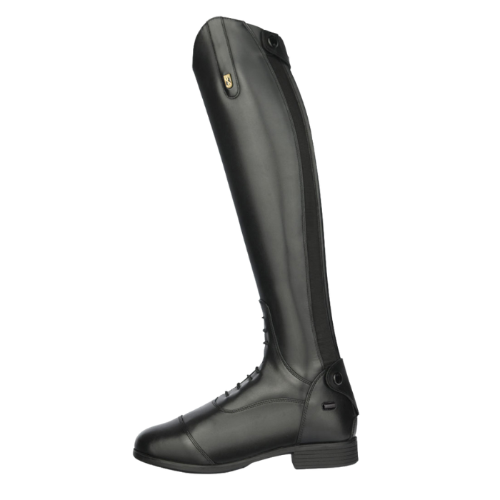 Long riding boot in black on a white background