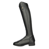 Long riding boot in black on a white background