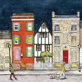 Night time town scene depicted on the front of a cartoon greetings card