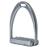 Silver riding stirrups with gripped surface on a white background