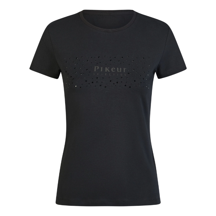 Black T-shirt with Pikeur Logo surround by black sparkle on a white background