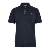 Navy blue polo shirt with a small logo on a white background