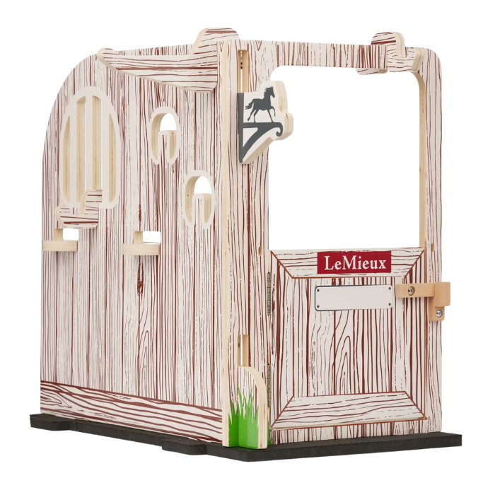 Wooden equestrian toy stable with 'LeMieux' branding on a white background