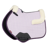 Lilac saddle pad for horses with merino wool elements on a white background