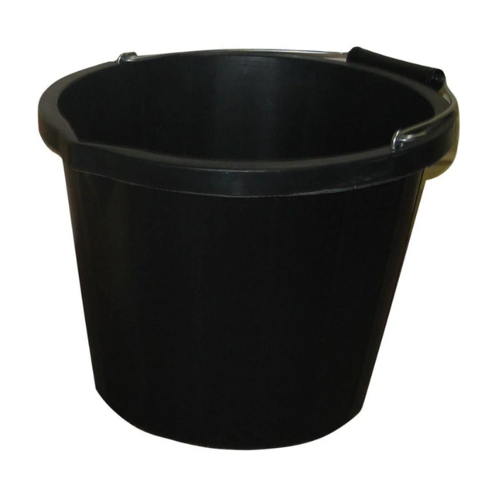 Black plastic bucket on a white background
