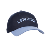 Navy blue cap with light blue visor and varsity-style 'LEMIEUX' embroidery on a white background