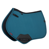Teal saddle pad with black accents on a white background