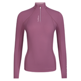 Purple long-sleeve athletic top with a quarter zip on a white background