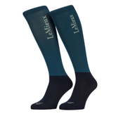 Pair of teal and navy knee-high socks with 'LeMieux' branding on a white background