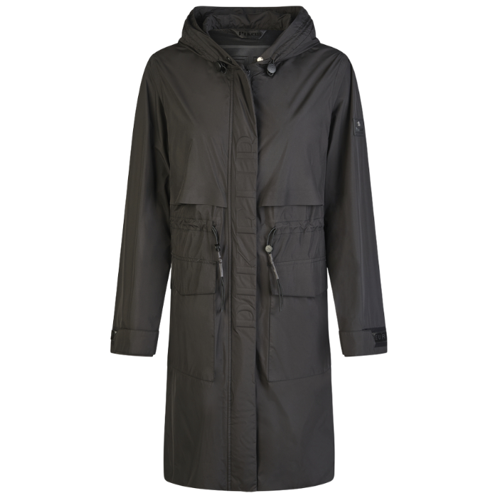 Black raincoat with a hood on a white background