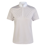 Beige short-sleeve shirt with decorative neckline on a white background