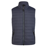 Navy blue puffer gilet on a white background