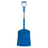 Blue snow shovel with a long handle on a white background