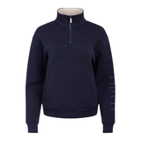 LeMieux AW26 Scarlet Quarter Zip Sweat Variant Colour Navy.
A quarter-zip sweatshirt with a high stand-up collar, side pockets, and vertical branding text on the right sleeve, shown against a plain white background.