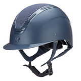 Navy blue riding hat with diamante detailing on a white background