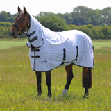 Horse wears white fly rug with navy blue straps in a grassy field