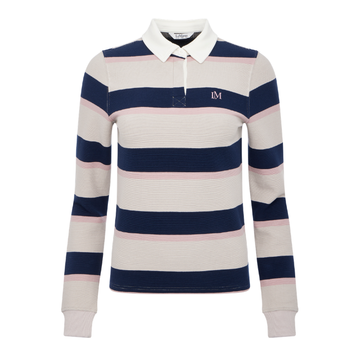 LeMieux AW26 Sloane Stripe Rugby Shirt Variant Colour Stone.
A women's long-sleeve rugby shirt with horizontal navy, cream, and light pink stripes, featuring a white collar and a small embroidered 'IM' logo on the left chest.